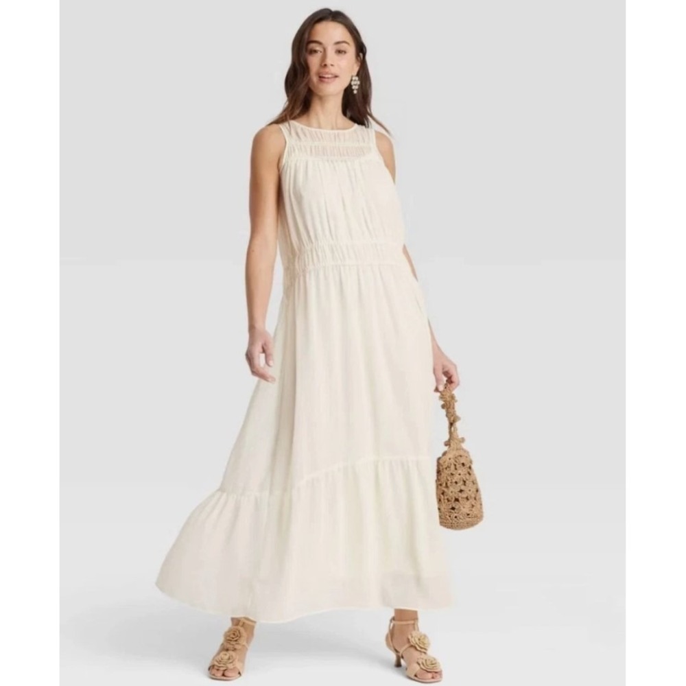 a new day Sleveeless Sheer Chiffon Maxi Dress Cream Small - Picture 1 of 4